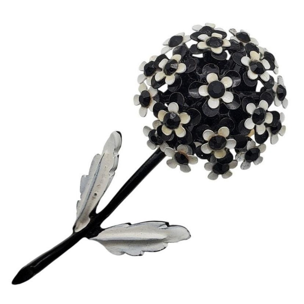 Black White Flower Power Brooch Forget Me Not Pin Enamel Rhinestones Summer 70s